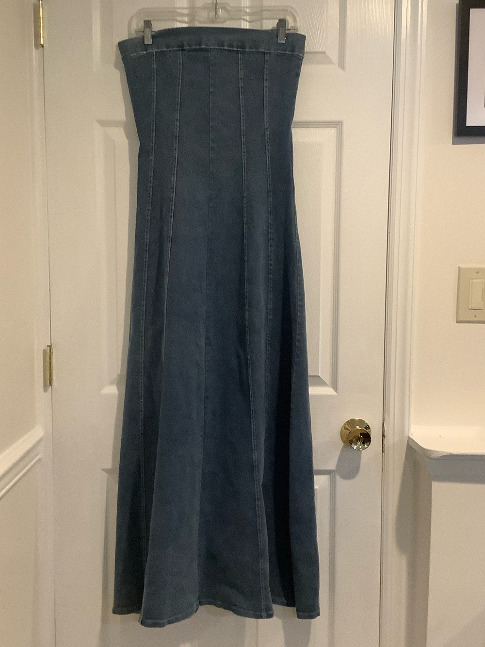 Vintage Strapless A Line Stretchy Blue Medium Wash Full Length Fall Maxi Dress S